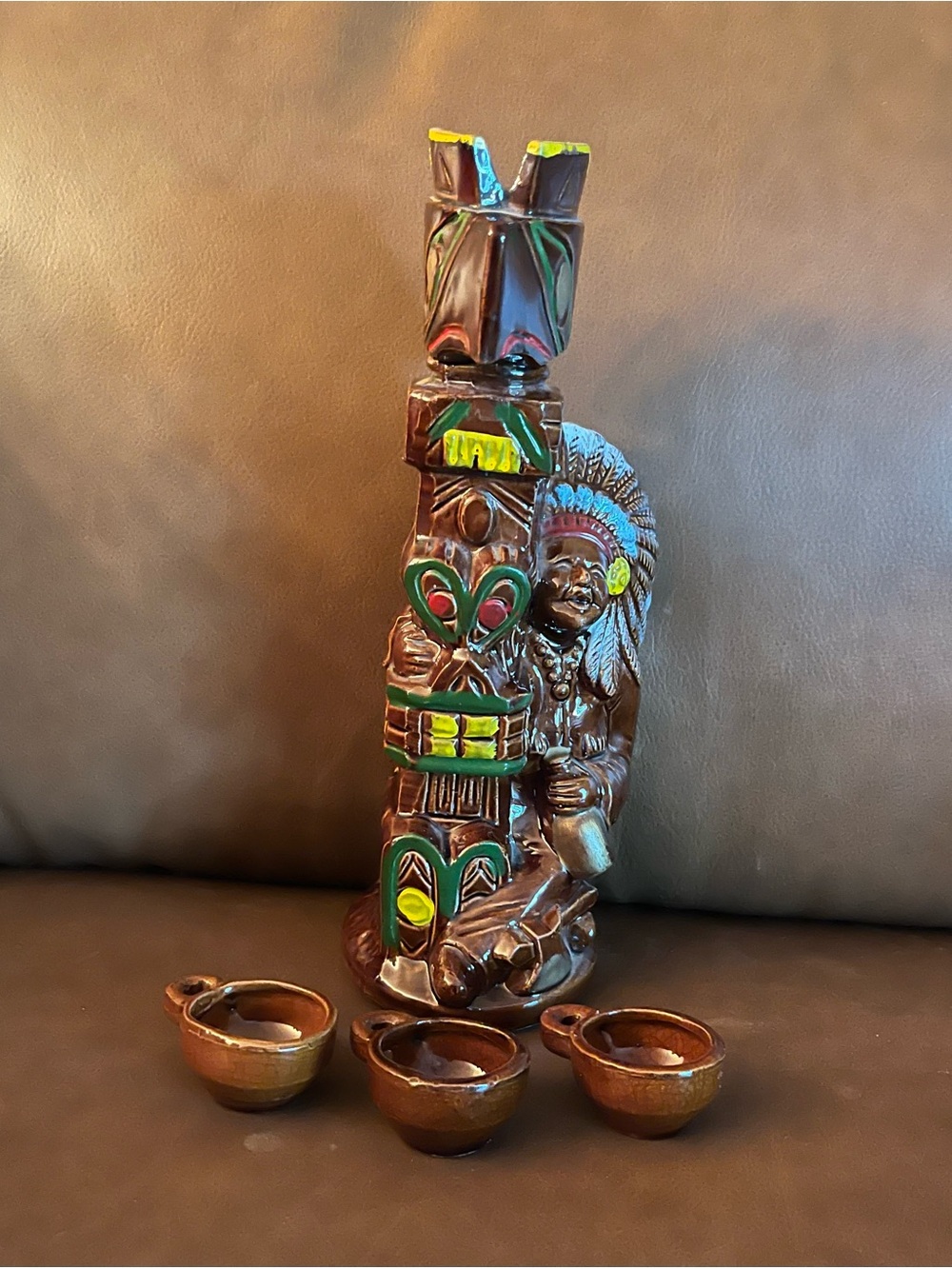MCM Ceramic Native American Indian Tribal Totem Decanter Hand Painted w/ 3 Cups